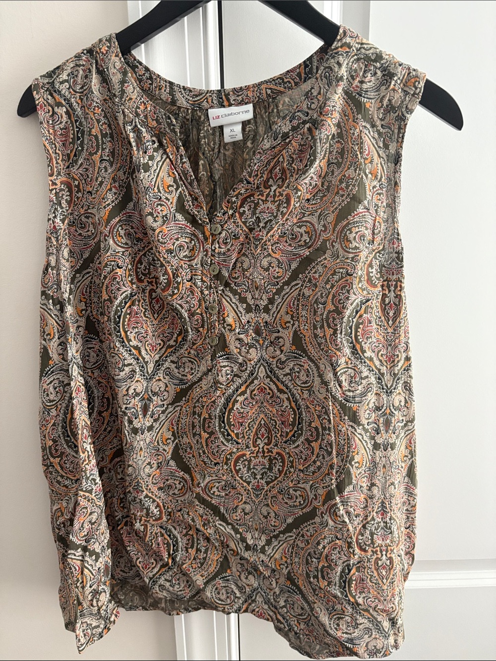 Liz Claiborne Olive Paisley V-Neck Sleeveless Top with Orange & Cream Accents